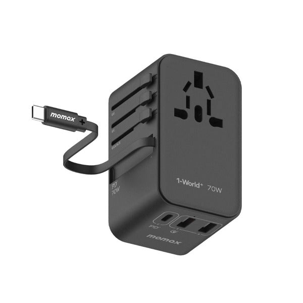 شاحن سفر تيار متردد 1-وورلد 70 واط GaN ب 3 منافذ وكيبل USB-C مدمج من Momax | أسود شاحن سفر تيار متردد 1-وورلد 70 واط GaN ب 3 منافذ وكيبل USB-C مدمج من Momax | أسود